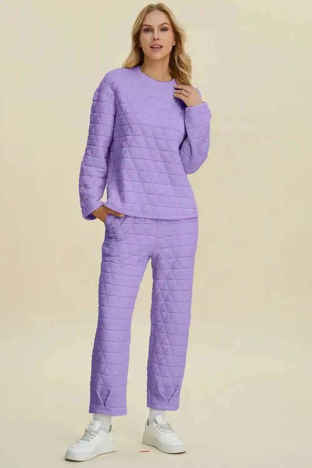 Double Take Texture Outfit - Full Size Round Neck Long Sleeve Top and Pants Set - MegaSuperStar
