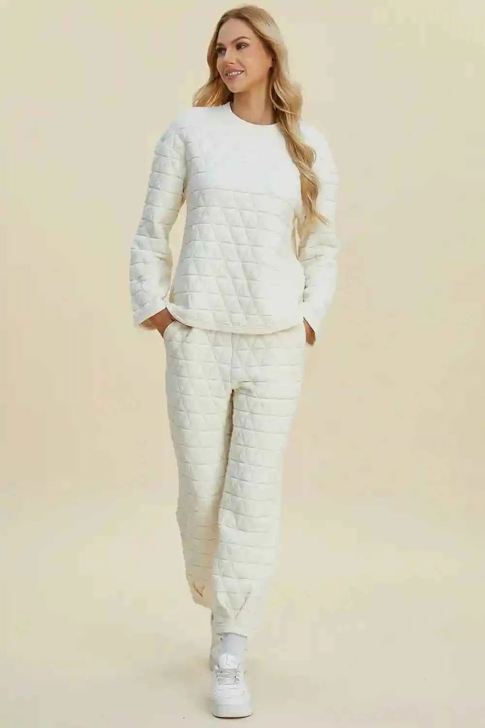 Double Take Texture Outfit - Full Size Round Neck Long Sleeve Top and Pants Set - MegaSuperStar
