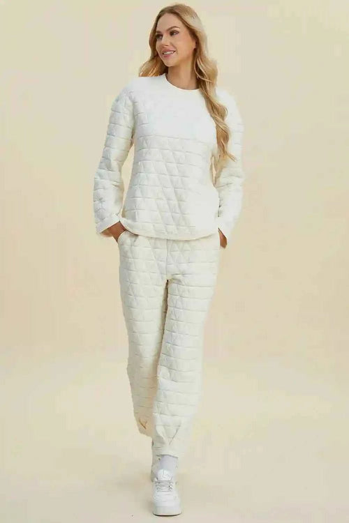 Customer styling 💕 Double Take Texture Outfit - Full Size Round Neck Long Sleeve Top and Pants Set 💕