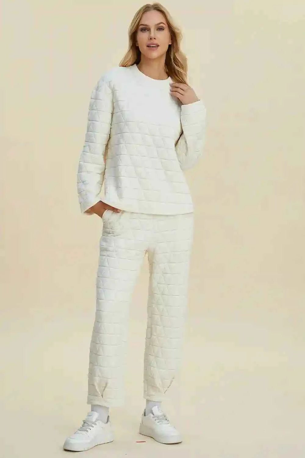 Double Take Texture Outfit - Full Size Round Neck Long Sleeve Top and Pants Set - MegaSuperStar