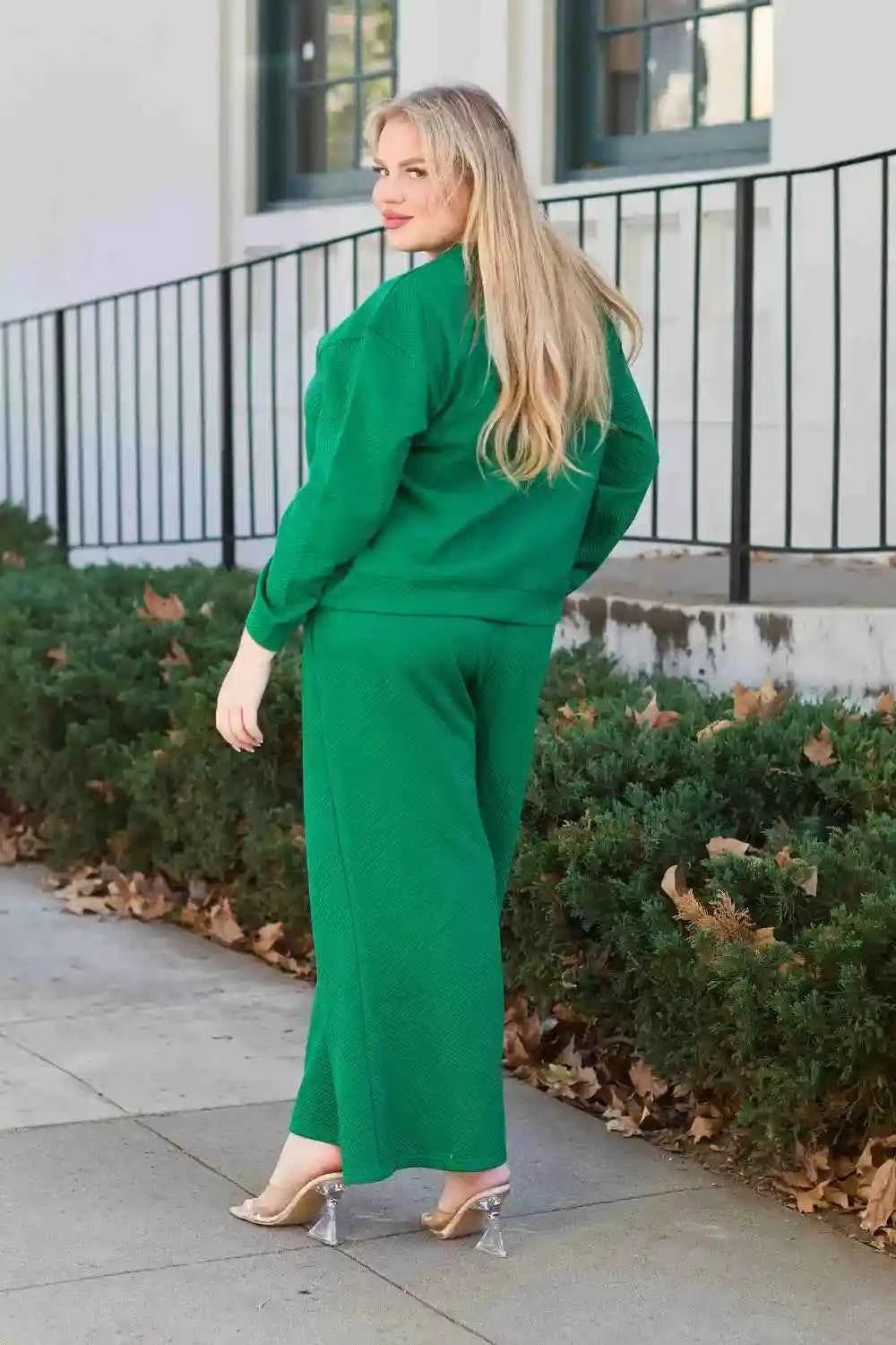 Double Take Textured Loungewear Set - Full Size Long Sleeve Top and Drawstring Pants - MegaSuperStar