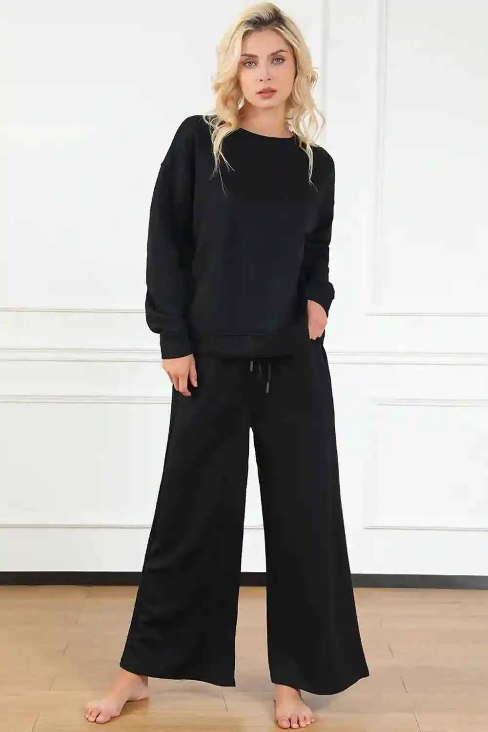 Double Take Textured Loungewear Set - Full Size Long Sleeve Top and Drawstring Pants - MegaSuperStar