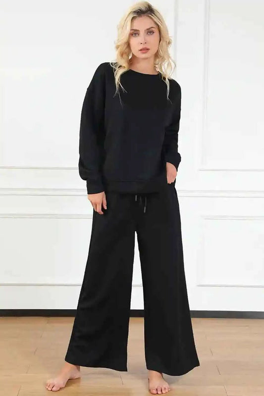 Double Take Textured Loungewear Set - Full Size Long Sleeve Top and Drawstring Pants - MegaSuperStar