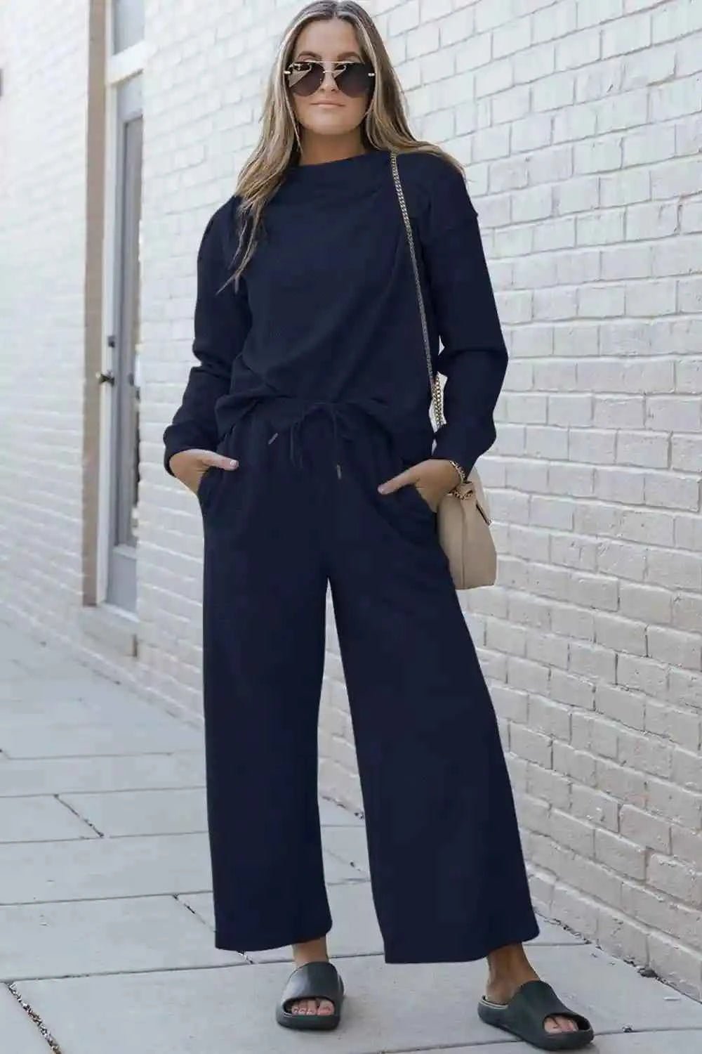 Double Take Textured Loungewear Set - Full Size Long Sleeve Top and Drawstring Pants - MegaSuperStar