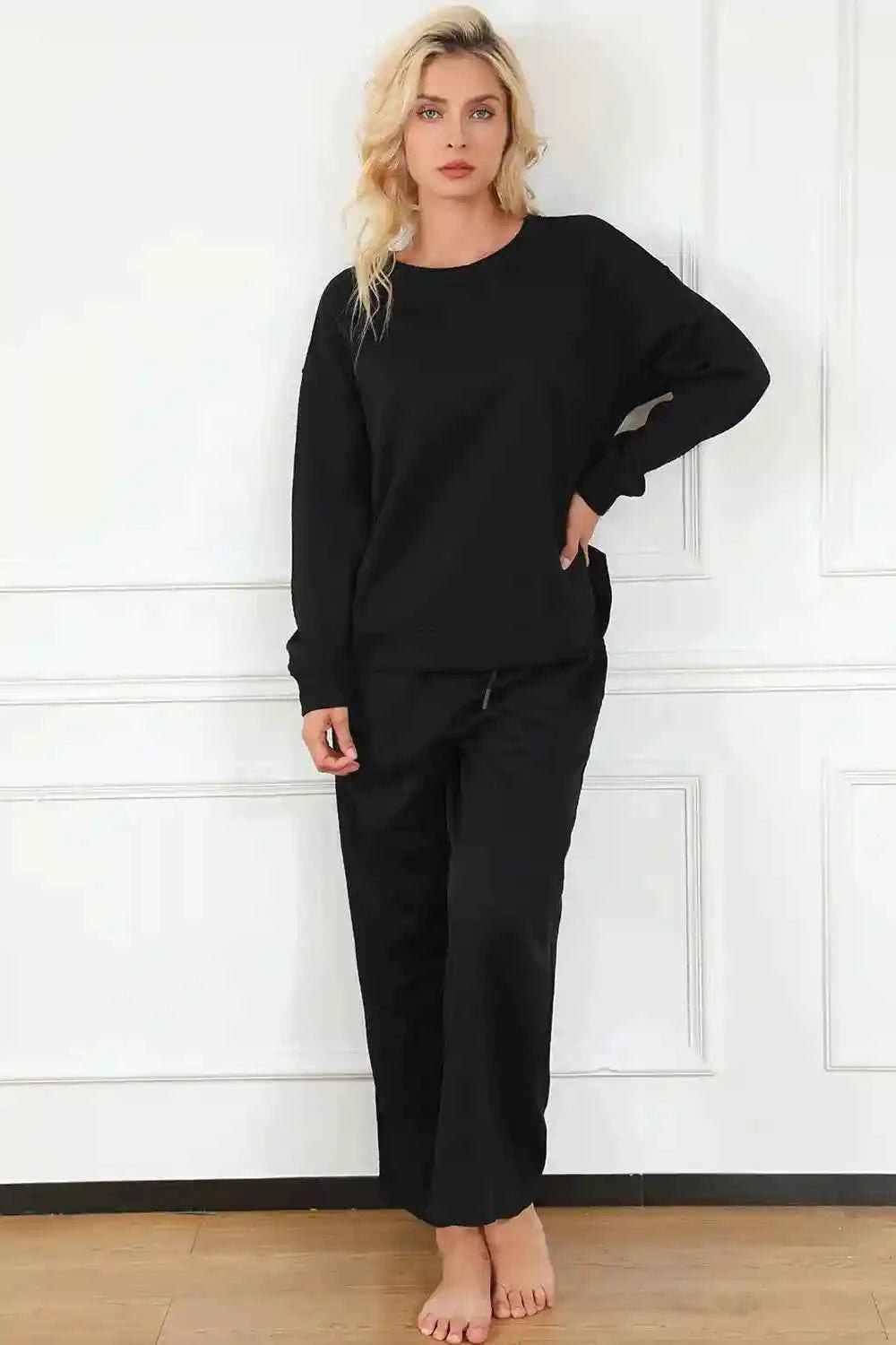 Double Take Textured Loungewear Set - Full Size Long Sleeve Top and Drawstring Pants - MegaSuperStar