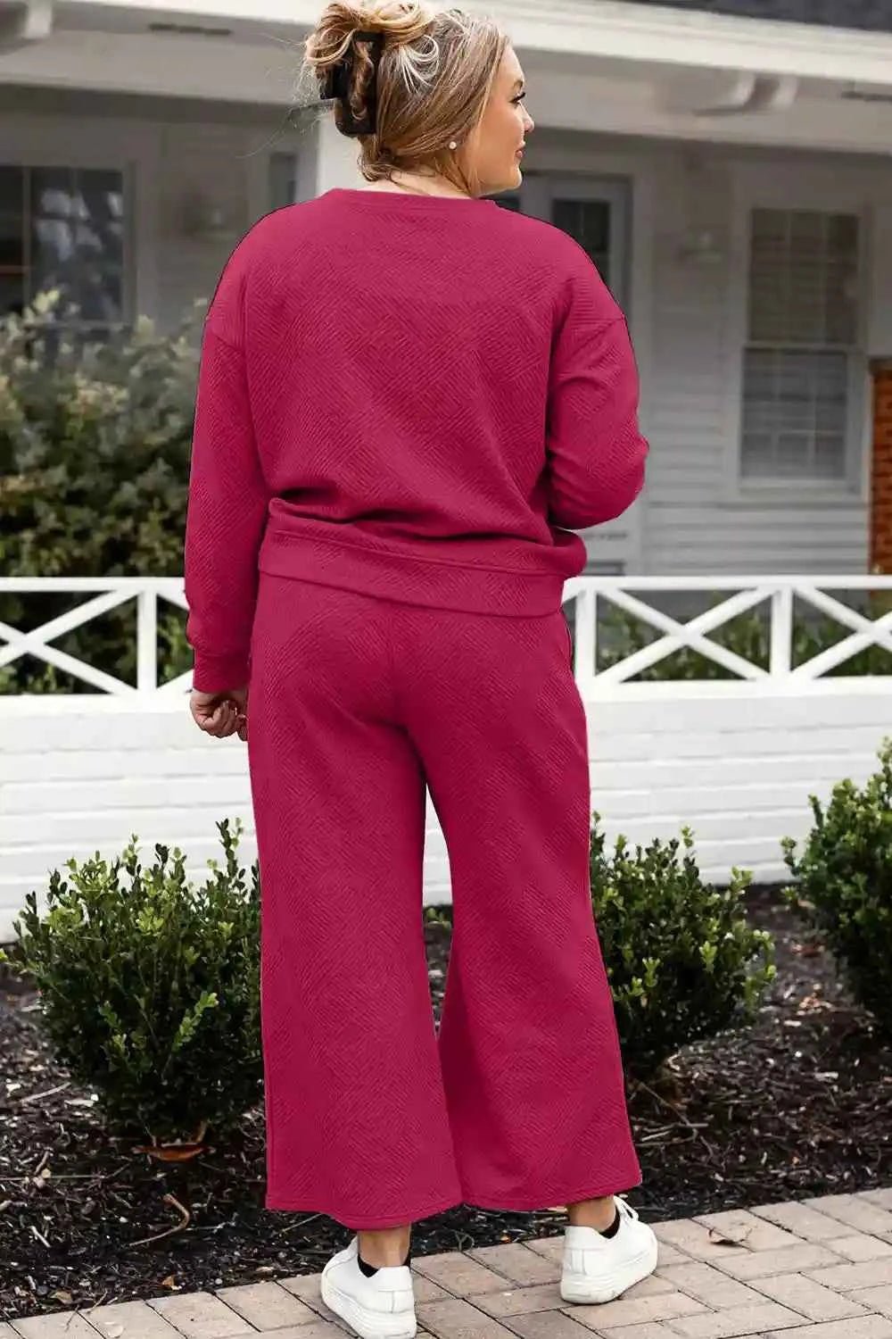Double Take Textured Loungewear Set - Full Size Long Sleeve Top and Drawstring Pants - MegaSuperStar