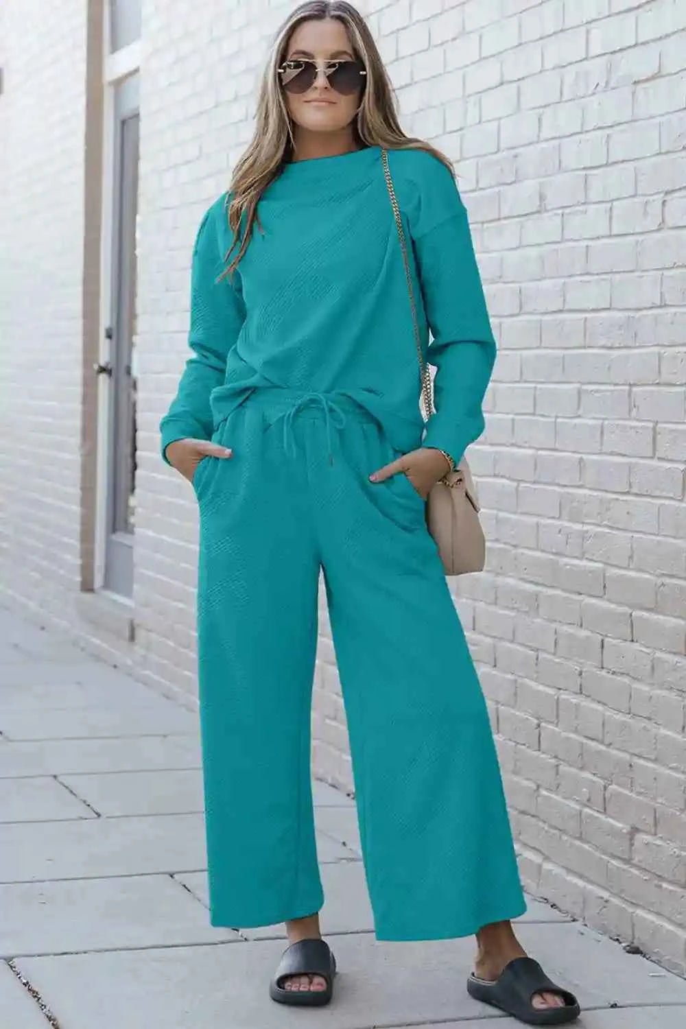 Double Take Textured Loungewear Set - Full Size Long Sleeve Top and Drawstring Pants - MegaSuperStar