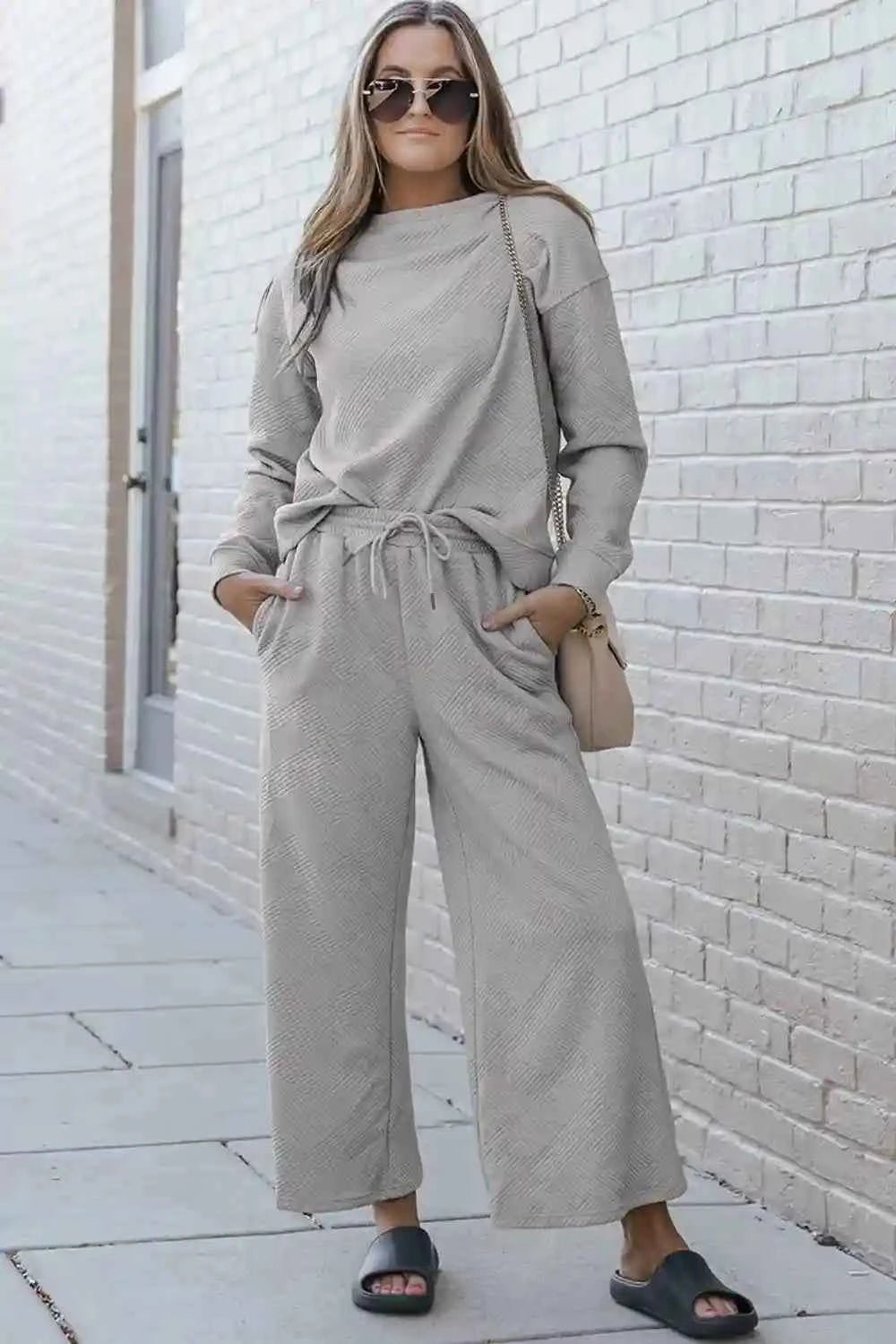 Double Take Textured Loungewear Set - Full Size Long Sleeve Top and Drawstring Pants - MegaSuperStar
