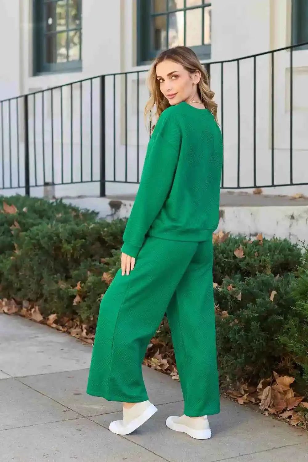 Double Take Textured Loungewear Set - Full Size Long Sleeve Top and Drawstring Pants - MegaSuperStar