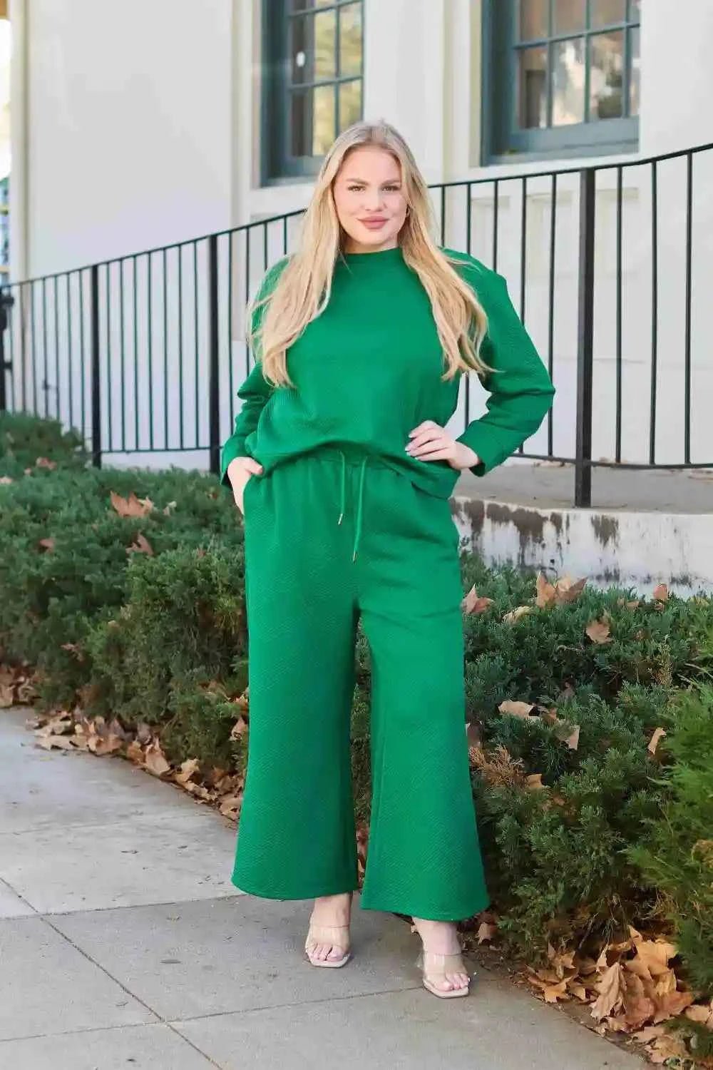 Double Take Textured Loungewear Set - Full Size Long Sleeve Top and Drawstring Pants - MegaSuperStar