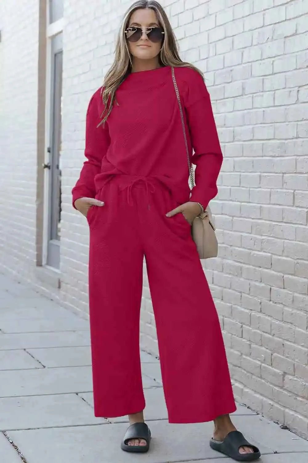 Double Take Textured Loungewear Set - Full Size Long Sleeve Top and Drawstring Pants - MegaSuperStar