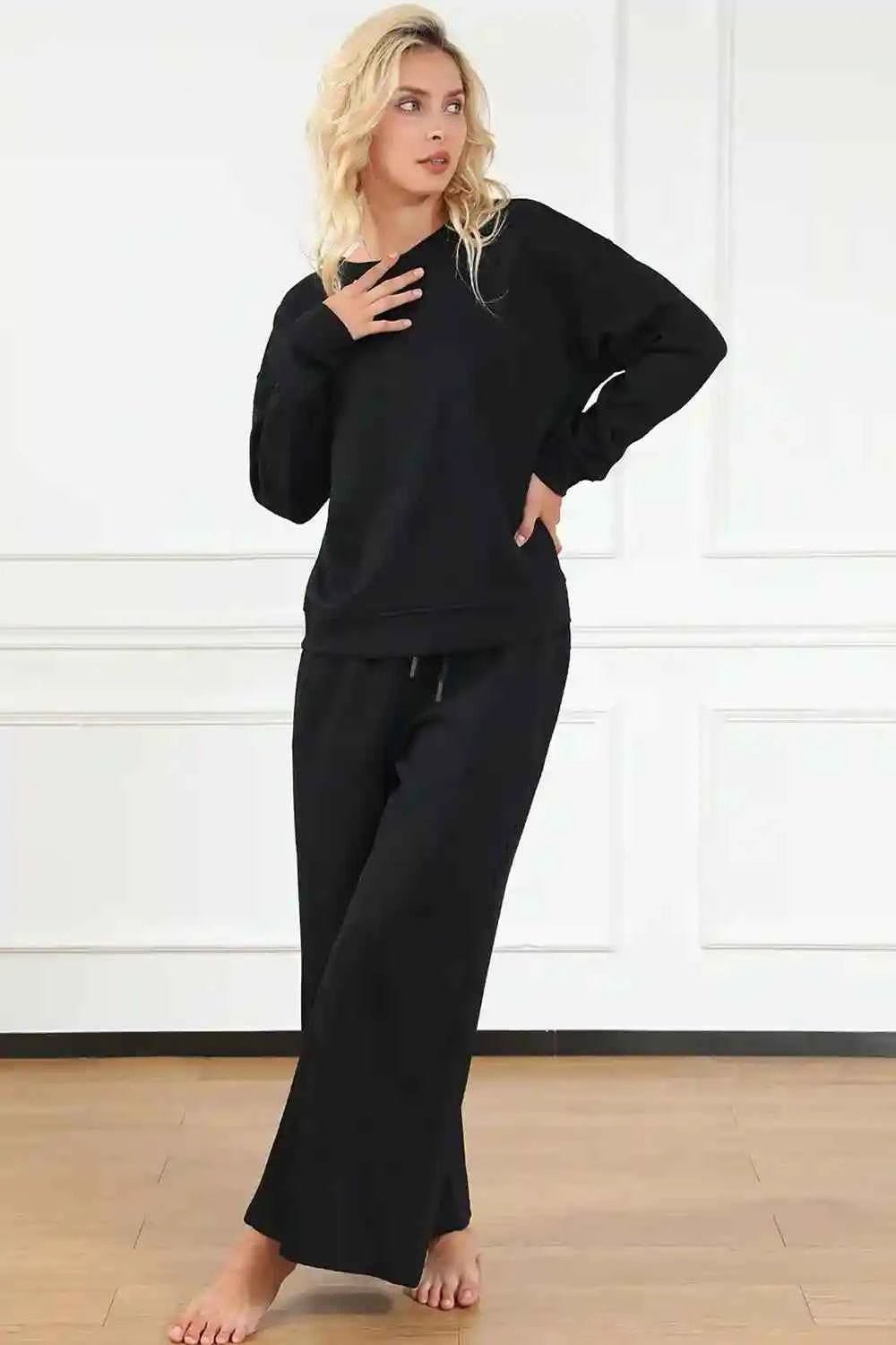Double Take Textured Loungewear Set - Full Size Long Sleeve Top and Drawstring Pants - MegaSuperStar