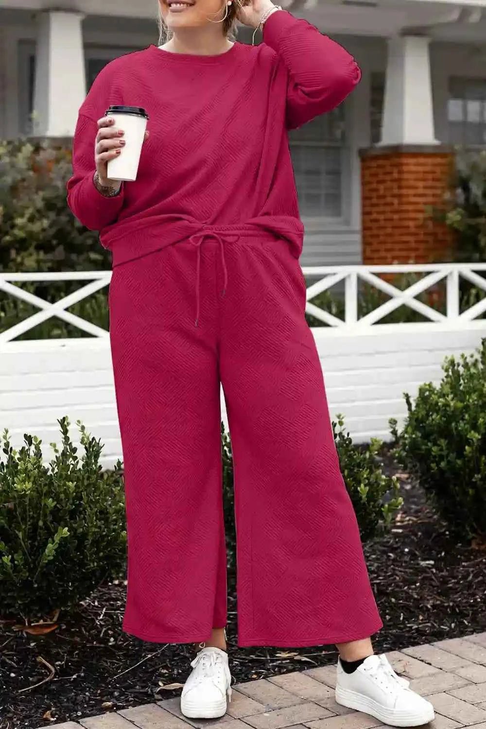 Double Take Textured Loungewear Set - Full Size Long Sleeve Top and Drawstring Pants - MegaSuperStar