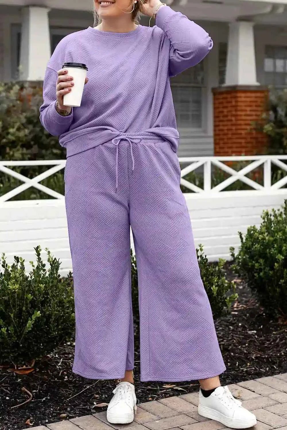 Double Take Textured Loungewear Set - Full Size Long Sleeve Top and Drawstring Pants - MegaSuperStar