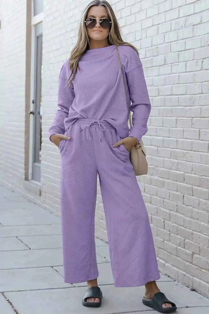 Double Take Textured Loungewear Set - Full Size Long Sleeve Top and Drawstring Pants - MegaSuperStar
