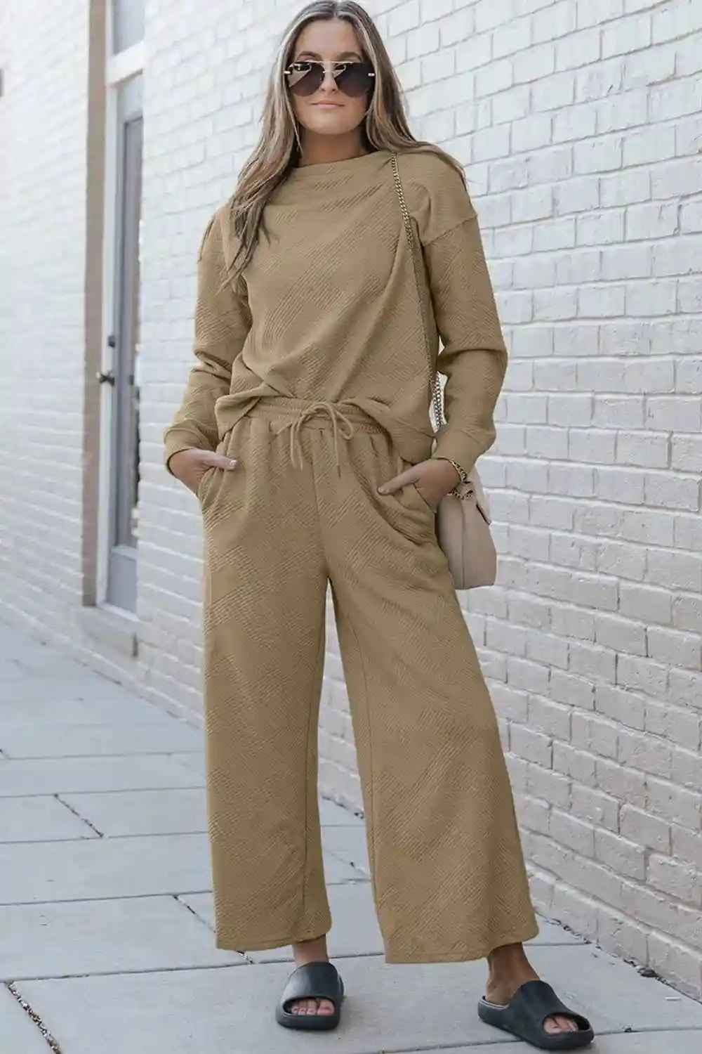 Double Take Textured Loungewear Set - Full Size Long Sleeve Top and Drawstring Pants - MegaSuperStar