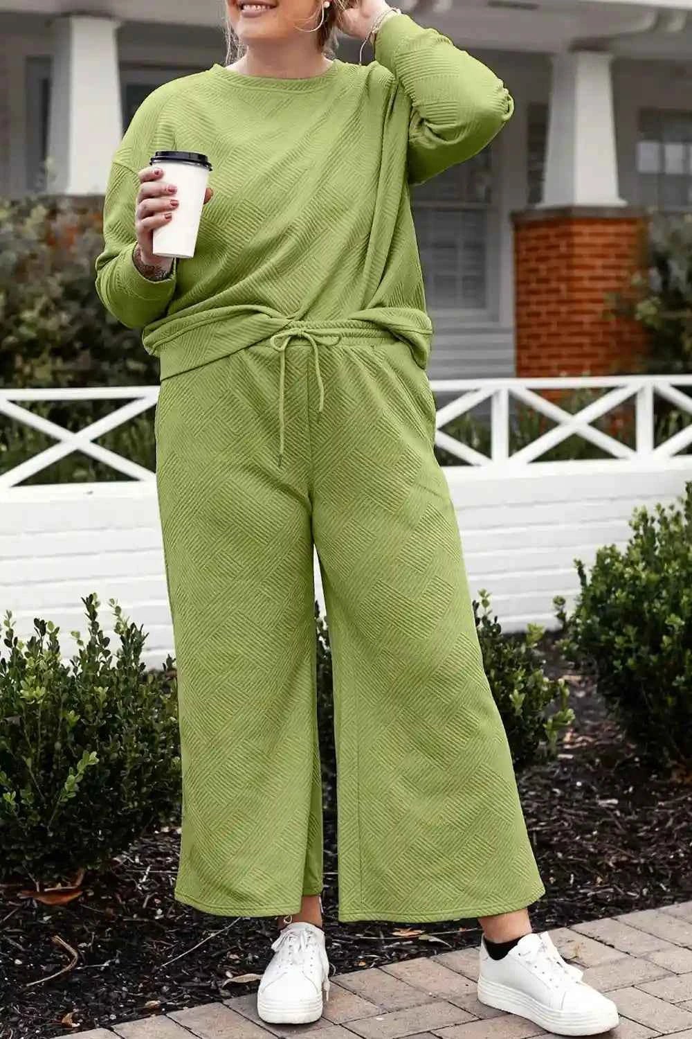 Double Take Textured Loungewear Set - Full Size Long Sleeve Top and Drawstring Pants - MegaSuperStar