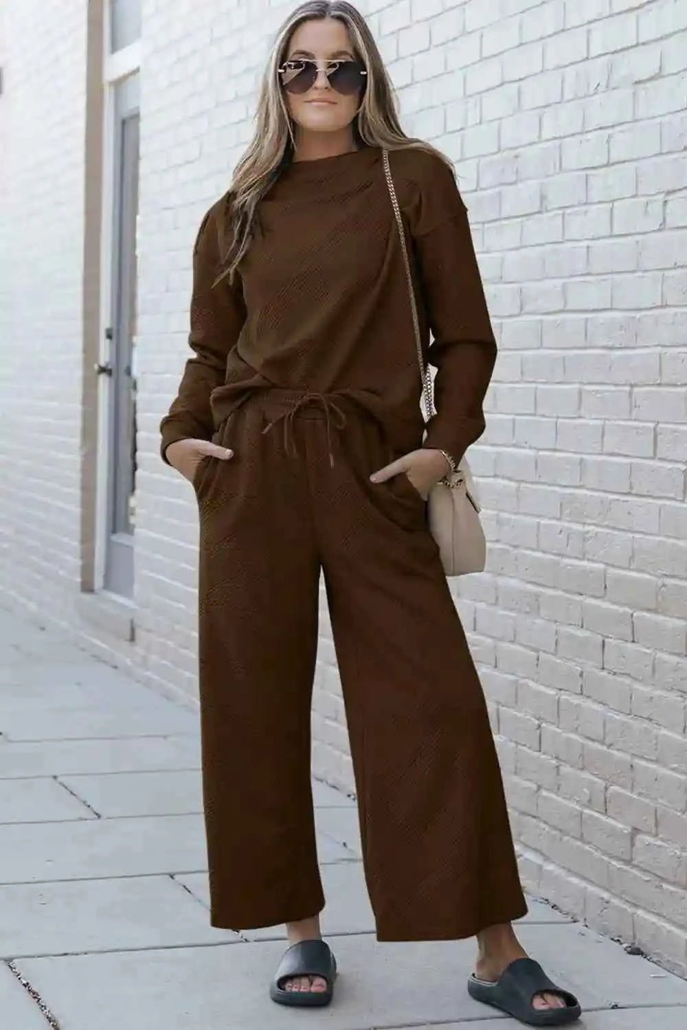 Double Take Textured Loungewear Set - Full Size Long Sleeve Top and Drawstring Pants - MegaSuperStar