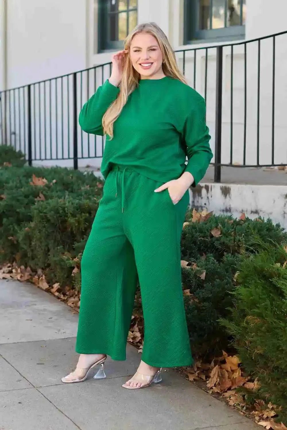 Double Take Textured Loungewear Set - Full Size Long Sleeve Top and Drawstring Pants - MegaSuperStar