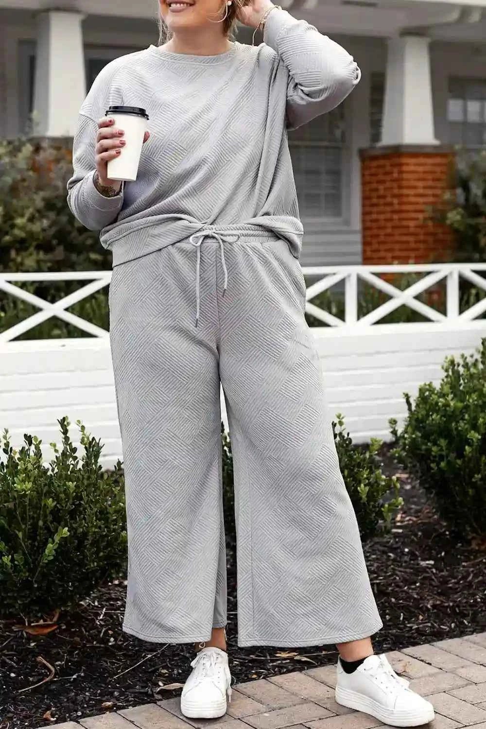 Double Take Textured Loungewear Set - Full Size Long Sleeve Top and Drawstring Pants - MegaSuperStar