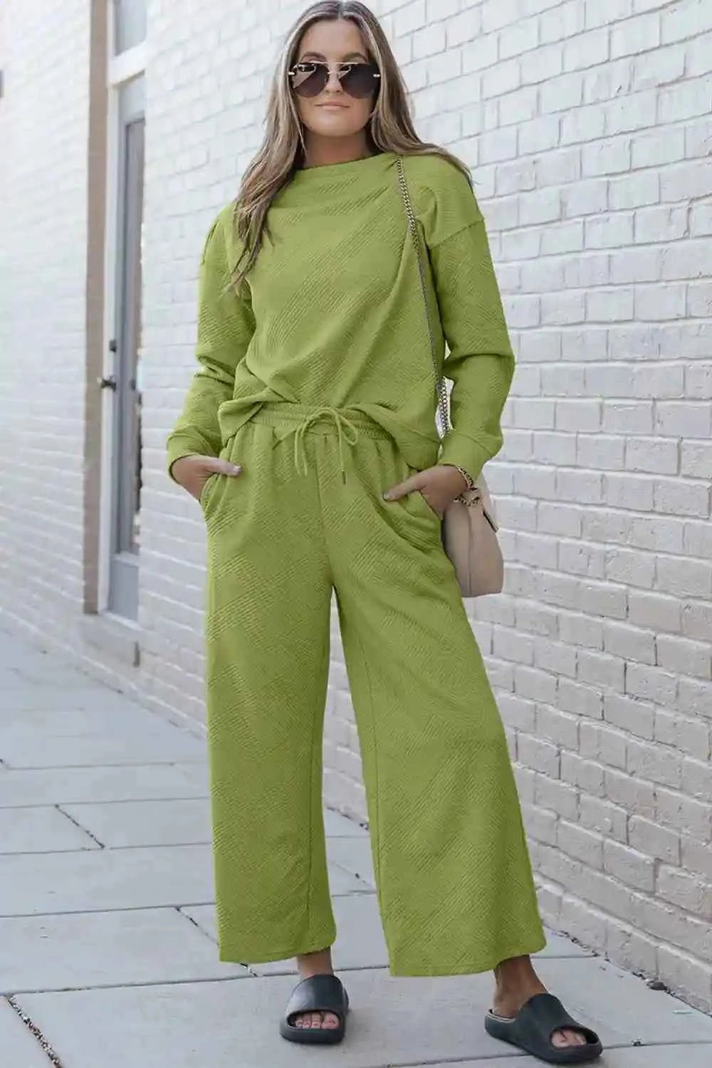 Double Take Textured Loungewear Set - Full Size Long Sleeve Top and Drawstring Pants - MegaSuperStar