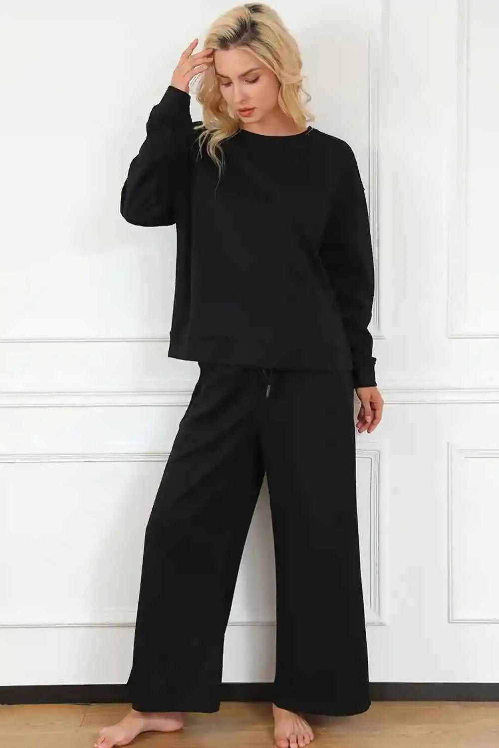 Double Take Textured Loungewear Set - Full Size Long Sleeve Top and Drawstring Pants - MegaSuperStar