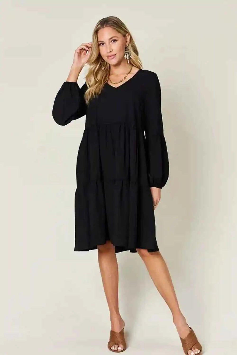 Double Take V - Neck Balloon Sleeve Dress with Pockets - Full Size Tiered Design - MegaSuperStar
