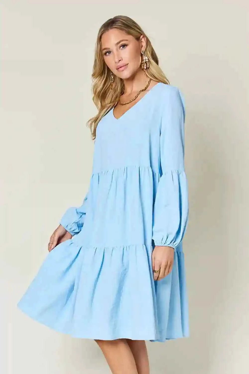 Double Take V - Neck Balloon Sleeve Dress with Pockets - Full Size Tiered Design - MegaSuperStar
