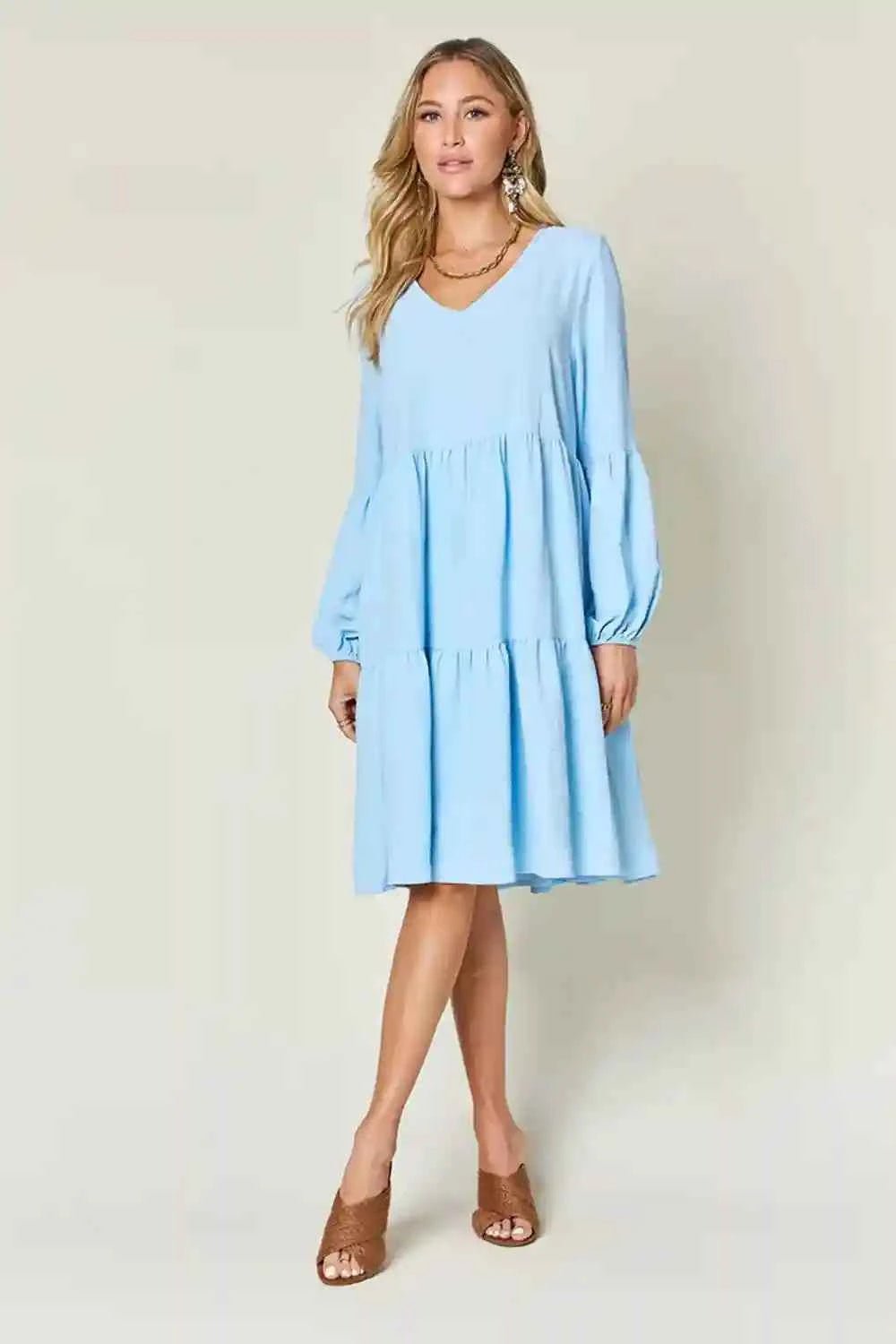 Double Take V - Neck Balloon Sleeve Dress with Pockets - Full Size Tiered Design - MegaSuperStar