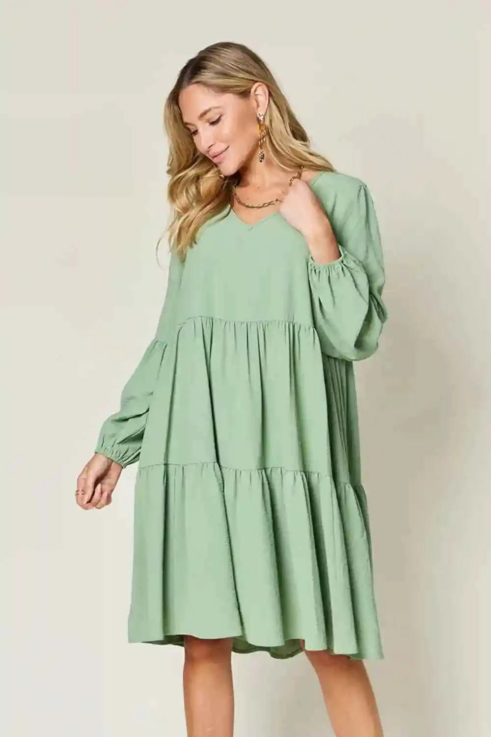 Double Take V - Neck Balloon Sleeve Dress with Pockets - Full Size Tiered Design - MegaSuperStar