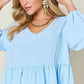 Double Take V - Neck Balloon Sleeve Dress with Pockets - Full Size Tiered Design - MegaSuperStar