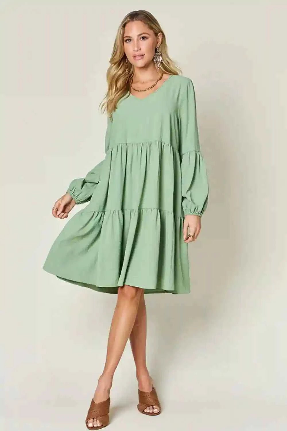 Double Take V - Neck Balloon Sleeve Dress with Pockets - Full Size Tiered Design - MegaSuperStar