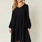 Double Take V - Neck Balloon Sleeve Dress with Pockets - Full Size Tiered Design - MegaSuperStar