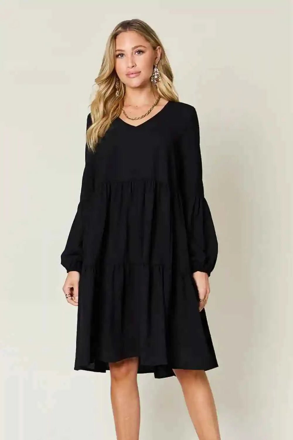 Double Take V - Neck Balloon Sleeve Dress with Pockets - Full Size Tiered Design - MegaSuperStar