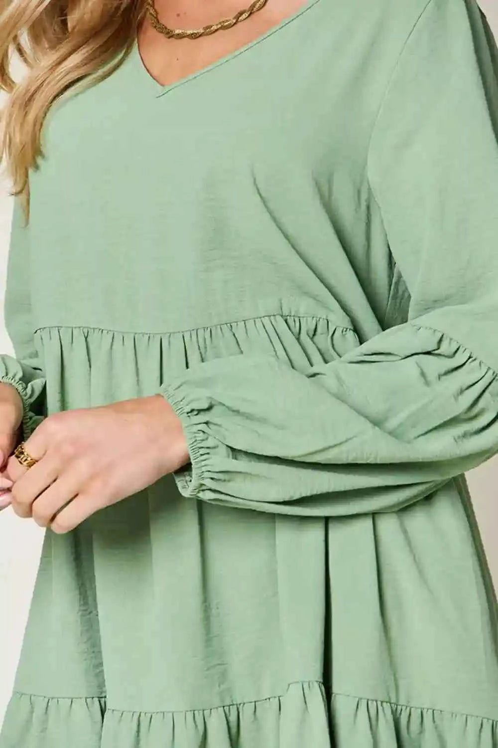 Double Take V - Neck Balloon Sleeve Dress with Pockets - Full Size Tiered Design - MegaSuperStar