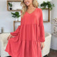 Double Take V - Neck Balloon Sleeve Dress with Pockets - Full Size Tiered Design - MegaSuperStar