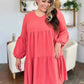 Double Take V - Neck Balloon Sleeve Dress with Pockets - Full Size Tiered Design - MegaSuperStar