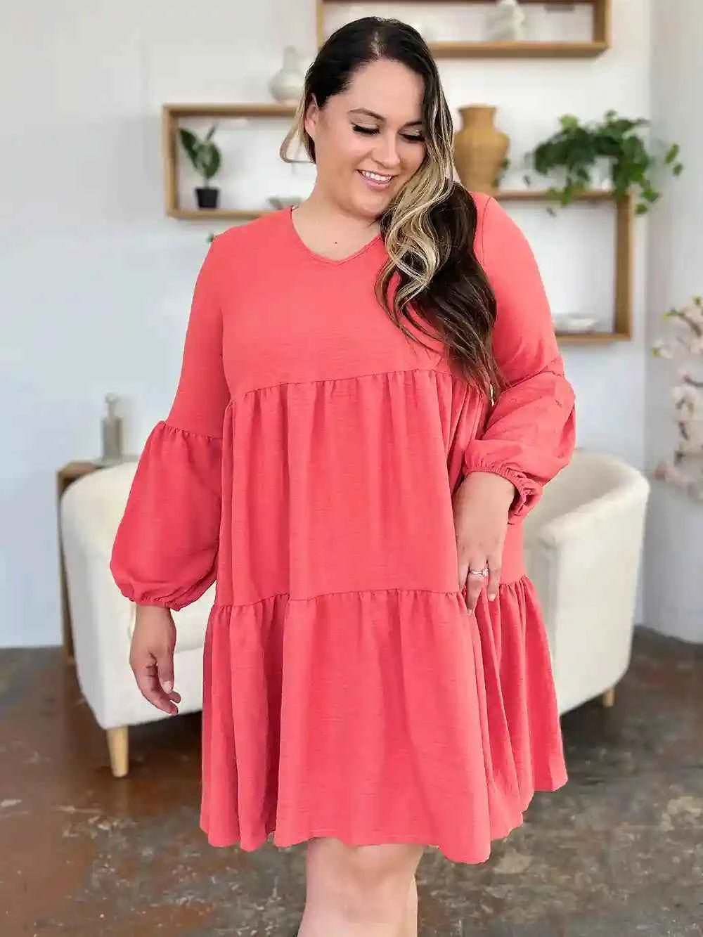 Double Take V - Neck Balloon Sleeve Dress with Pockets - Full Size Tiered Design - MegaSuperStar