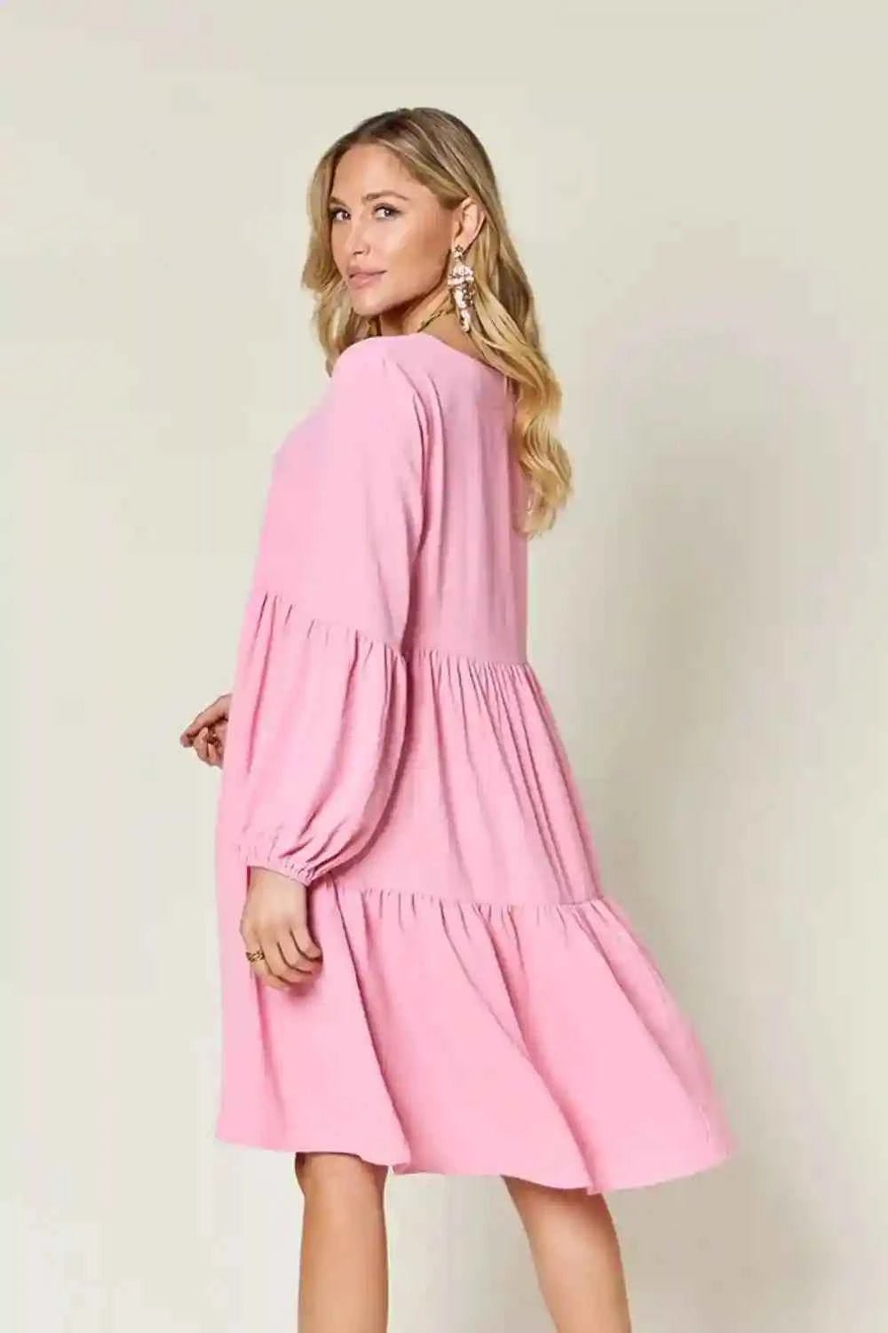 Double Take V - Neck Balloon Sleeve Dress with Pockets - Full Size Tiered Design - MegaSuperStar