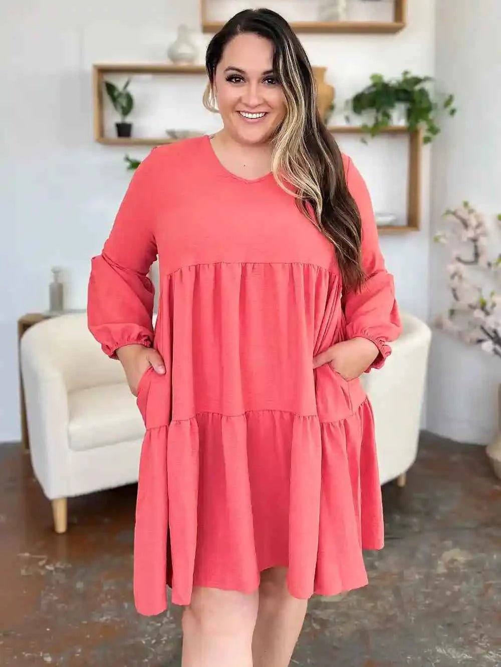 Double Take V - Neck Balloon Sleeve Dress with Pockets - Full Size Tiered Design - MegaSuperStar