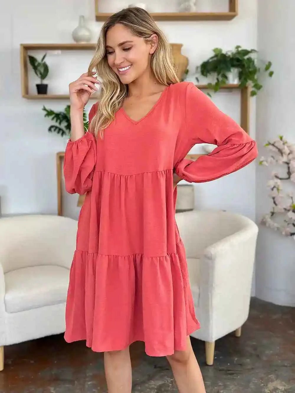 Double Take V - Neck Balloon Sleeve Dress with Pockets - Full Size Tiered Design - MegaSuperStar