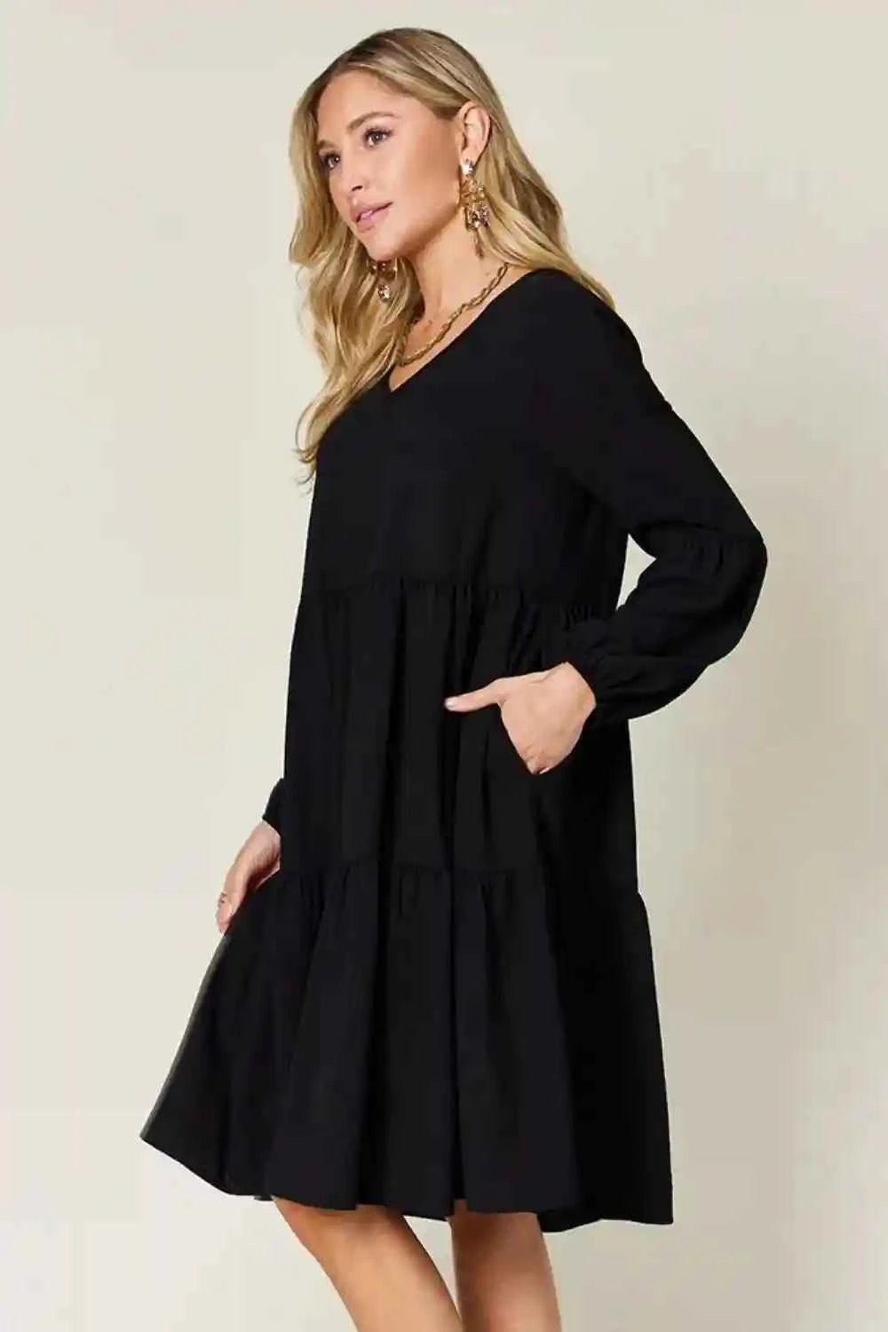 Double Take V - Neck Balloon Sleeve Dress with Pockets - Full Size Tiered Design - MegaSuperStar