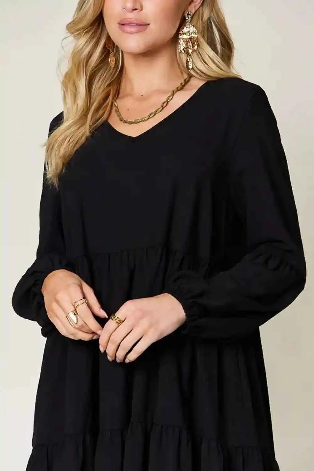 Double Take V - Neck Balloon Sleeve Dress with Pockets - Full Size Tiered Design - MegaSuperStar