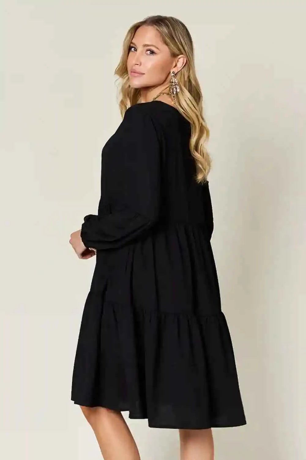 Double Take V - Neck Balloon Sleeve Dress with Pockets - Full Size Tiered Design - MegaSuperStar