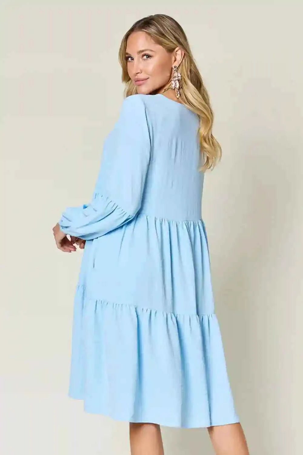 Double Take V - Neck Balloon Sleeve Dress with Pockets - Full Size Tiered Design - MegaSuperStar