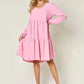 Double Take V - Neck Balloon Sleeve Dress with Pockets - Full Size Tiered Design - MegaSuperStar