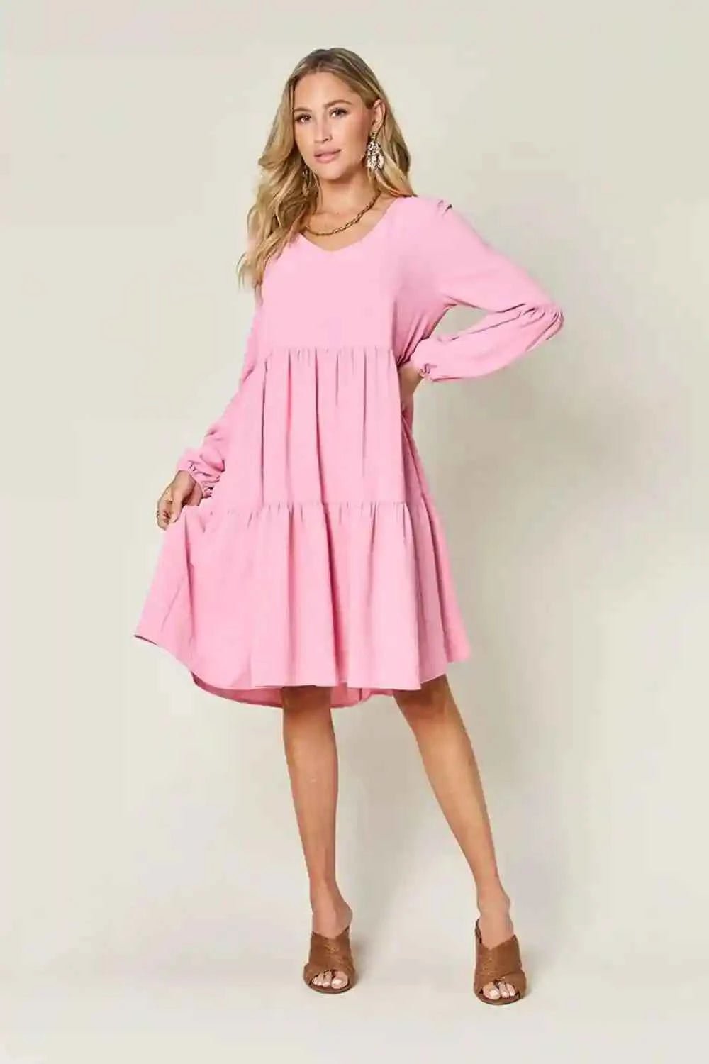 Double Take V - Neck Balloon Sleeve Dress with Pockets - Full Size Tiered Design - MegaSuperStar
