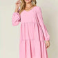 Double Take V - Neck Balloon Sleeve Dress with Pockets - Full Size Tiered Design - MegaSuperStar
