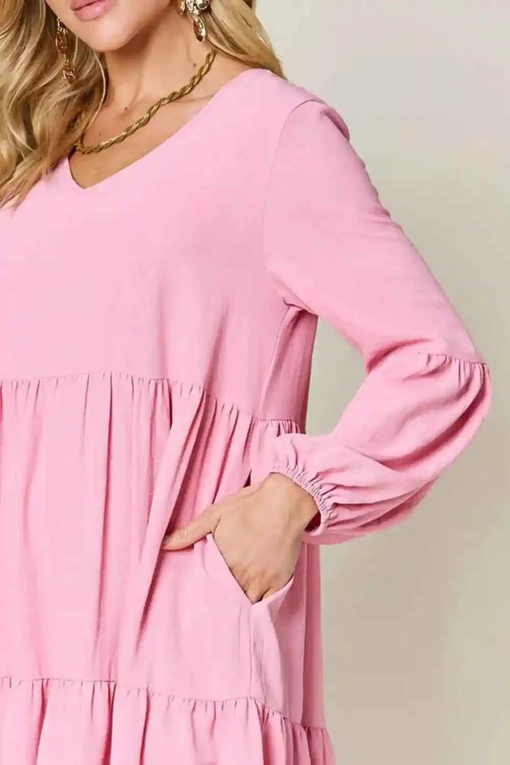 Double Take V - Neck Balloon Sleeve Dress with Pockets - Full Size Tiered Design - MegaSuperStar