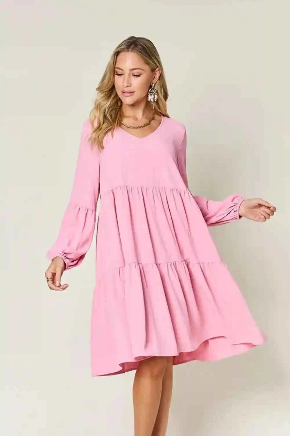 Double Take V - Neck Balloon Sleeve Dress with Pockets - Full Size Tiered Design - MegaSuperStar